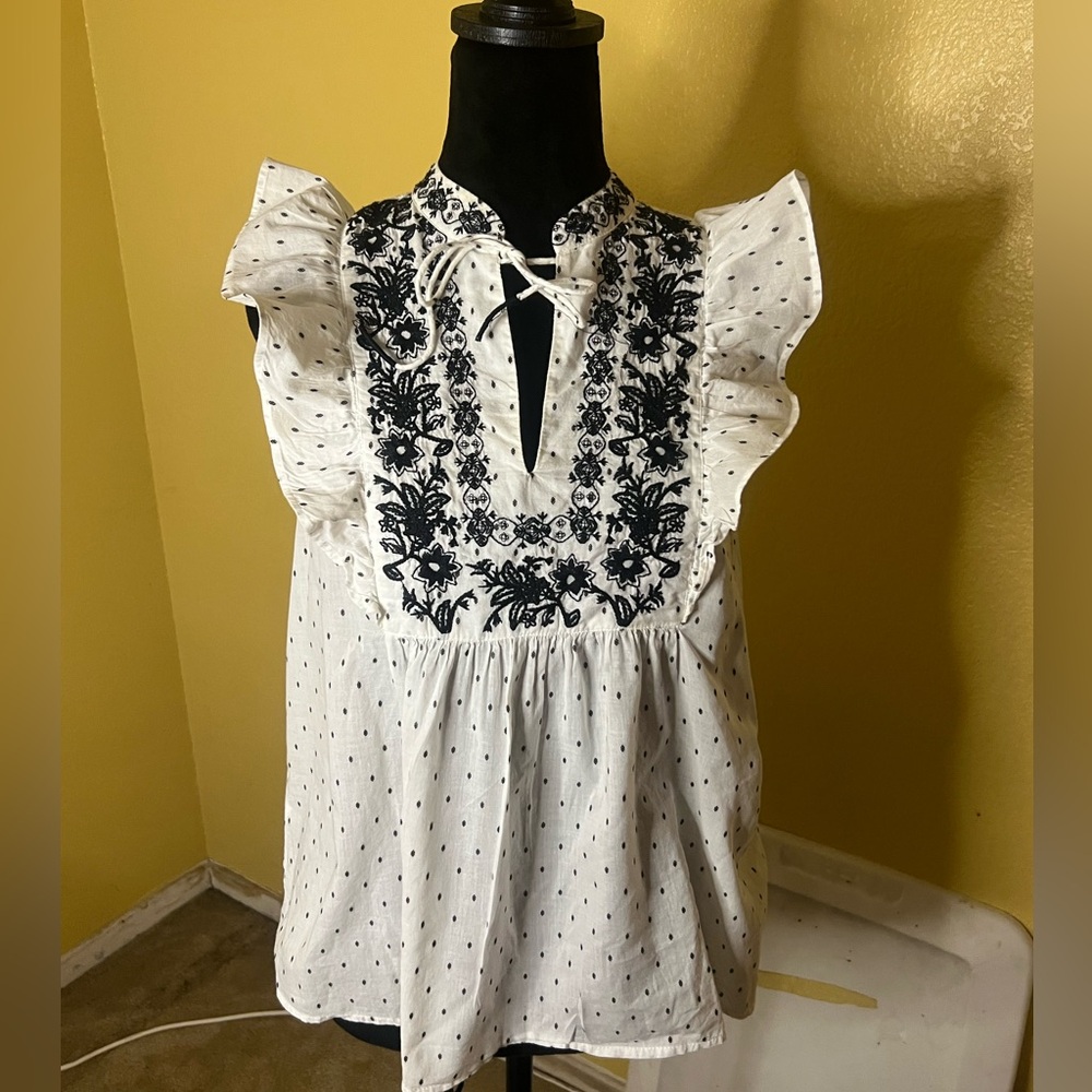 LOFT White Top with Black Floral Embroidery